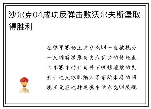 沙尔克04成功反弹击败沃尔夫斯堡取得胜利