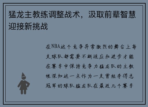 猛龙主教练调整战术，汲取前辈智慧迎接新挑战